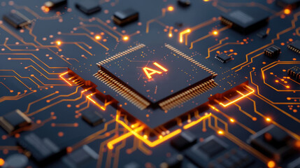 Poster - A computer chip with the letters AI on it. The chip is orange and black. The image has a futuristic feel to it