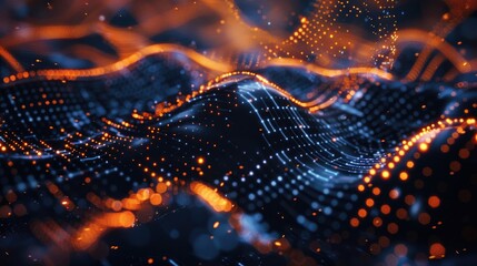 Wall Mural - A wave of orange and blue lights with a black background. The orange and blue lights are scattered throughout the image, creating a sense of movement and energy