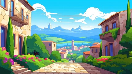 Wall Mural - cartoon village scene with lush greenery and mountain backdrop in a cartoon style