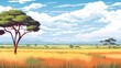 cartoon savannah scene with golden grass, distant trees, and a clear sky