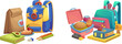 Kid backpack and lunchbox for school illustration. Sandwich and snack in plastic container for breakfast or dinner. Child lunchtime to eat isolated item. Rucksack element with books clipart set