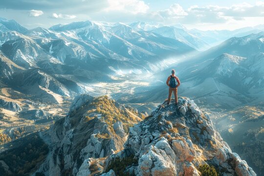 Tourist standing on a mountain peak, arms outstretched feeling Impressed, encompassed by vast rugged terrain and valleys, a celebration of exploration and natural beauty.