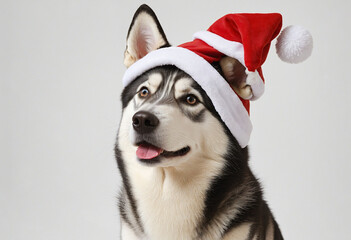 Wall Mural - Cute husky dog in santa hat on white background colorful background