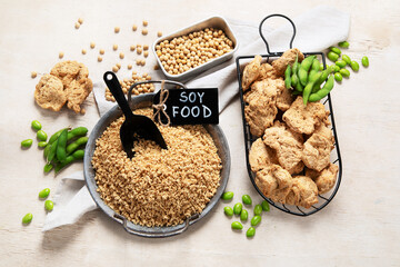 Wall Mural - Vegan healthy food. Soy meat with beans on white background