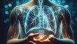 Digital x ray of human lungs holographic scan projection on blurred background .AI Generate