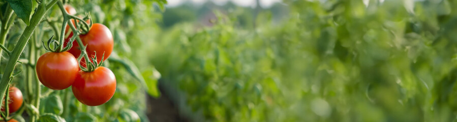 Close-up of ripe growing tomato berries. Fresh eco farm field with ripe red tomatoes on branches. Organic farm concept for banners, flyers, posters, postcards, with copy space.