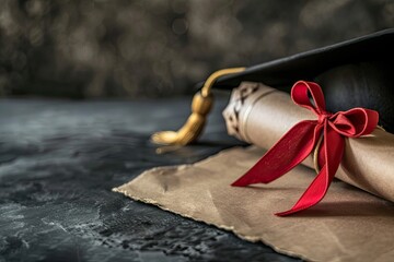 Wall Mural - Graduation Cap and Diploma Concept on a Wood with gold bokeh background