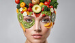 Human body of a woman made of fruits and vegetables colorful background