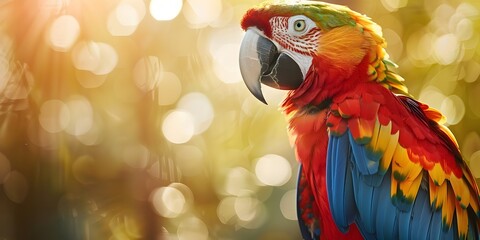 Wall Mural - Colorful Parrot Mimicking Sounds and Conversing in Vibrant Tropical Setting with Copy Space