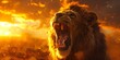 Majestic Lion Roaring at Vibrant Sunrise in Serene African Wilderness with Ample Copy Space