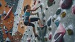 © pinkrabbit - climbing on wall training in gym, active sporty male practicing rock climbing on artificial rock in extreme sport, bouldering, climbing wall, climber is training, rock climbing in the city, stron
