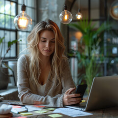 Wall Mural - woman using handy and tablet computer in cafe