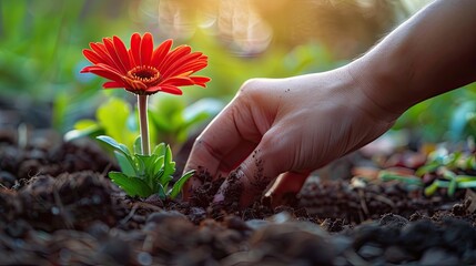 Wall Mural - Planting a Red Daisy in the Garden: A Beautiful Gardening Concept