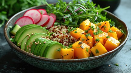 Poster - Fresh mango and avocado salad with radishes and arugula in a bowl.