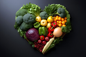 Heart shape made of fresh vegetables on dark background. Healthy food concept. top view