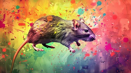 Wall Mural -  A colorful painting featuring a rat amidst scattered paint splatters on a vibrant canvas backdrop