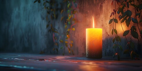 Canvas Print - Flickering Candle Flame Casting Warm Glow in Moody Autumn Foliage Scene with Atmospheric Lighting and Peaceful Ambiance