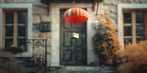 Package Character Parachuting to Doorstep for Speedy Delivery with Copy Space