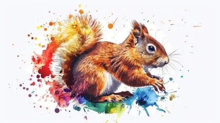 Wall Mural -  A watercolor illustration depicts a squirrel seated atop a sheet of paper covered in splattered paint