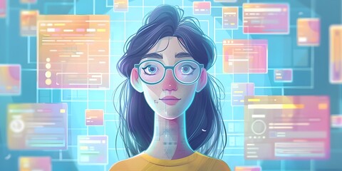 Poster - intelligent woman surrounded by personalized digital interfaces and analytics