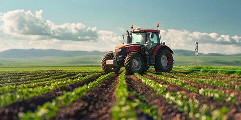 Poster - High Tech Tractor Navigating Precision Farming in Lush Agricultural Landscape with Copy Space