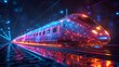 Detailed 3D moving high-speed train in dark blue. Logistics, tourism and technology concept. An abstract modern mesh looks like a starry night sky. Digital low poly wireframe with connected dots.