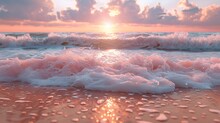  A high resolution photo of a wave crashing on a sandy beach, with the sun setting behind distant clouds