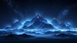 An abstract night mountains digital landscape. A low poly wireframe modern illustration with 3D effect. A panoramic view of geometric peaks and a starry sky on top of a technology blue background.