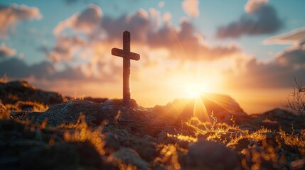 Wall Mural - Crucifixion of Jesus Christ at Sunset: Abstract Flare and Defocused Lights on Hilltop Cross