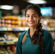 A smiling woman wearing a green apron stands in a grocery store