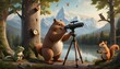 big great bear, Wonderful Wood, look at the monn, 
telescope, with frog bird and squirrel