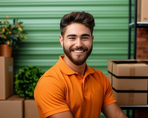 A man in an orange shirt is smiling and holding two boxes