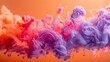  A vibrant swarm of colored smoke particles suspended against a warm orange-pink backdrop, with a subtle yellow undertone