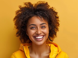 A woman with curly hair is smiling and wearing a yellow jacket