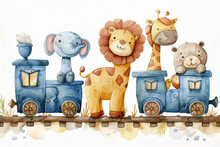 Cartoon Train With Giraffe, Elephant, Lion And Hippopotamus; Watercolor Hand Drawn Illustration; With White Isolated Background, Watercolor Illustration 