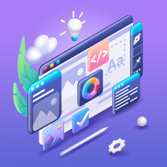 Aufkleber - 3D Isometric illustration, Cartoon. Web UI-UX design, web development concept. Web design, application design, coding, and web building. Vector icons for website