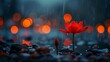  A red flower rests atop a water-stained rock near a cluster of stones and an umbrella of the same hue