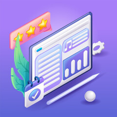 Poster - 3D Isometric illustration, Cartoon. Concept of online courses, online education, tutorial. Vector icons for website