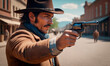 The cowboy holds a revolver in his hands and aims to shoot.
