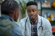 Black doctor and patient with status health update and advice report. Doctor talking to patient at hospital. Generative AI.
