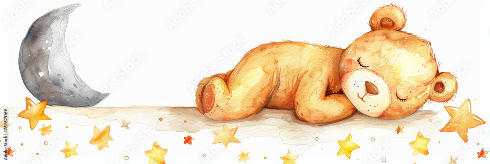 Cute sleeping teddy bear on the silver moon; watercolor hand draw ...