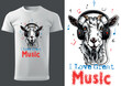 I Love Great Music with a Goat Illustration as a Textile Print Motif - Black and White Image, Vector
