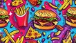A colorful and vibrant image of various fast food items such as a burger, fries, and a pizza. Scene is playful and fun, as it is a cartoon-like representation of these popular foods