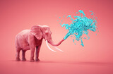 Fototapeta  - Image of an elephant spraying water on pink background.