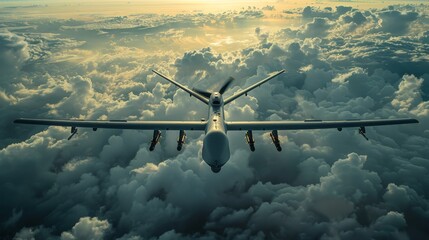 Wall Mural - A military unmanned aerial vehicle UAV patrols flying over the clouds