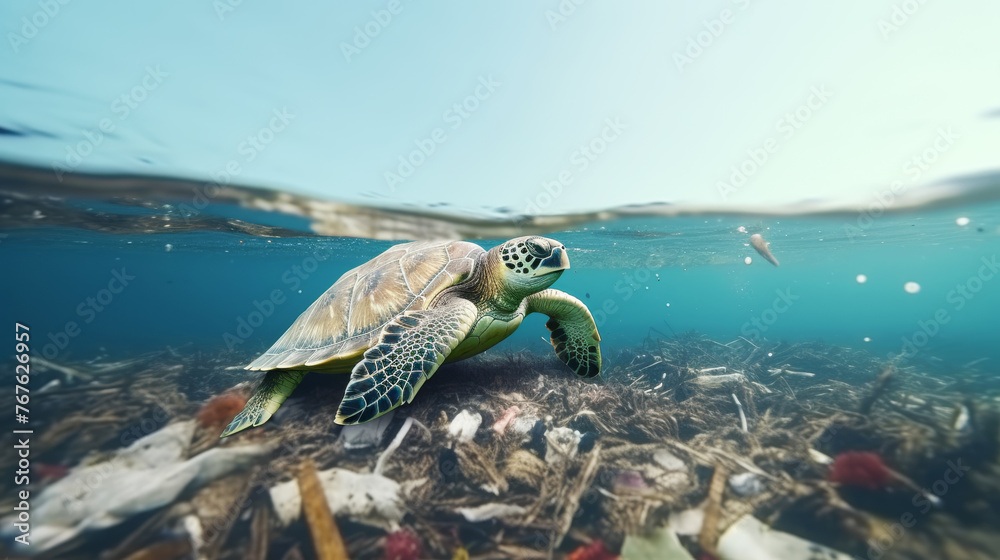 ภาพถ่าย Stock Sea turtle swimming in ocean, Plastic pollution in ocean ...