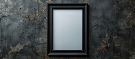 A black picture frame is displayed on a dark concrete wall with a blank mockup template inside.