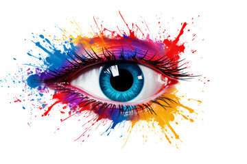 Close up of colorful human eye with rainbow colors,  watercolor splash art, isolated on transparent background