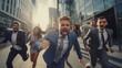 © Surachetsh - high powered speed scene, businessmen and businesswomen showcase an explosion of emotion and dynamic energy as they run. Generative AI.