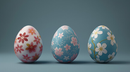 Wall Mural - set of 3 colorful artistic Easter eggs placed in a line beautiful flowers and traditional designs 